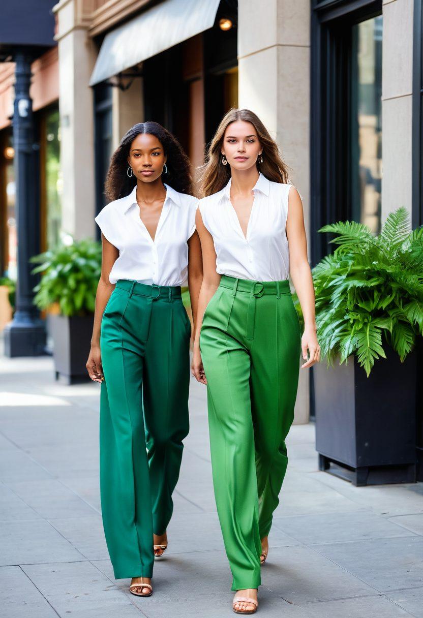 A glamorous fashion scene where eco-friendly models strut on a vibrant city sidewalk, showcasing chic sustainable apparel. Include elements like organic fabrics, unique designs, and fashionable accessories made from recycled materials. The backdrop features lush greenery and trendy urban architecture to symbolize sustainability. Bright, natural lighting enhances the vibrancy of the colors. super-realistic. vibrant colors. urban setting.