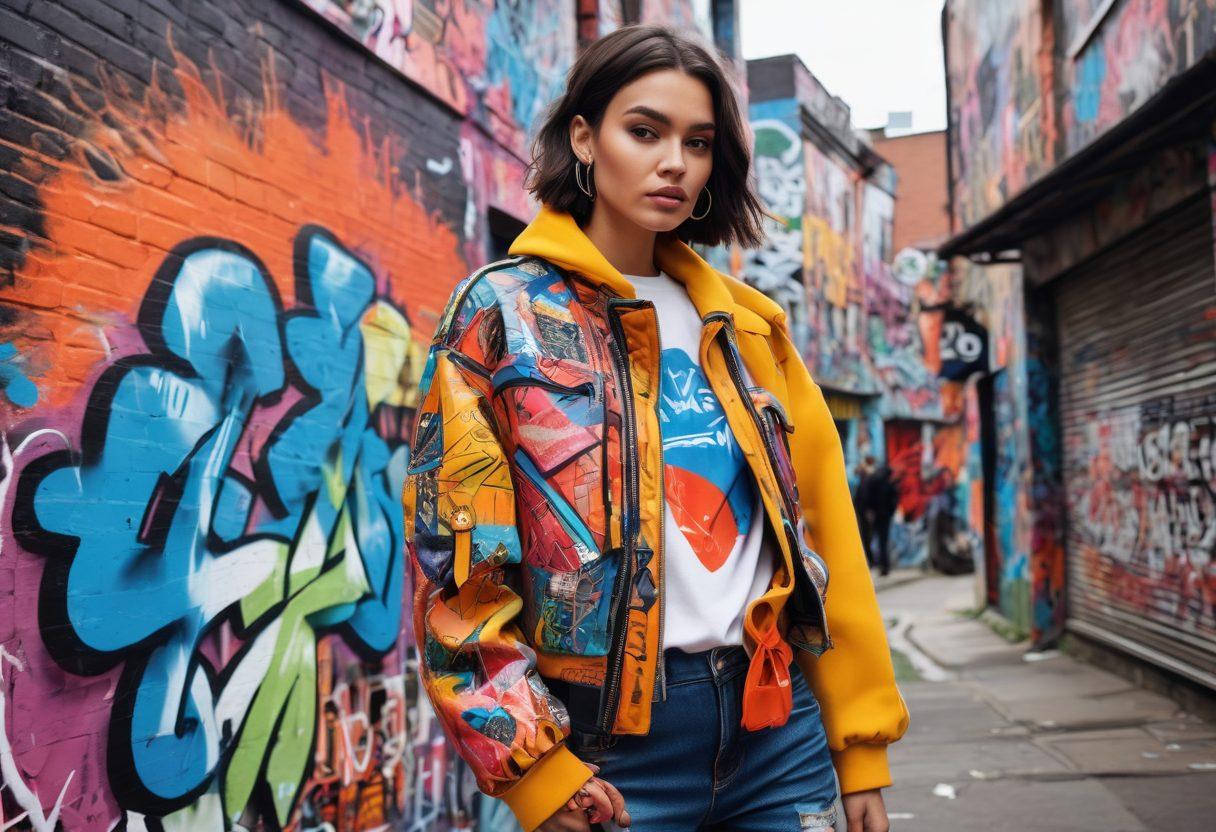 A lively fashion scene bustling with diverse individuals showcasing bold clothing styles, incorporating avant-garde accessories and innovative materials. At the center, a charismatic figure leads the way holding a stylish design sketch, set against a backdrop of a vibrant urban landscape with graffiti art and pop culture elements. The image should capture the energy and creativity of modern fashion trends. super-realistic. vibrant colors. urban street-art style.