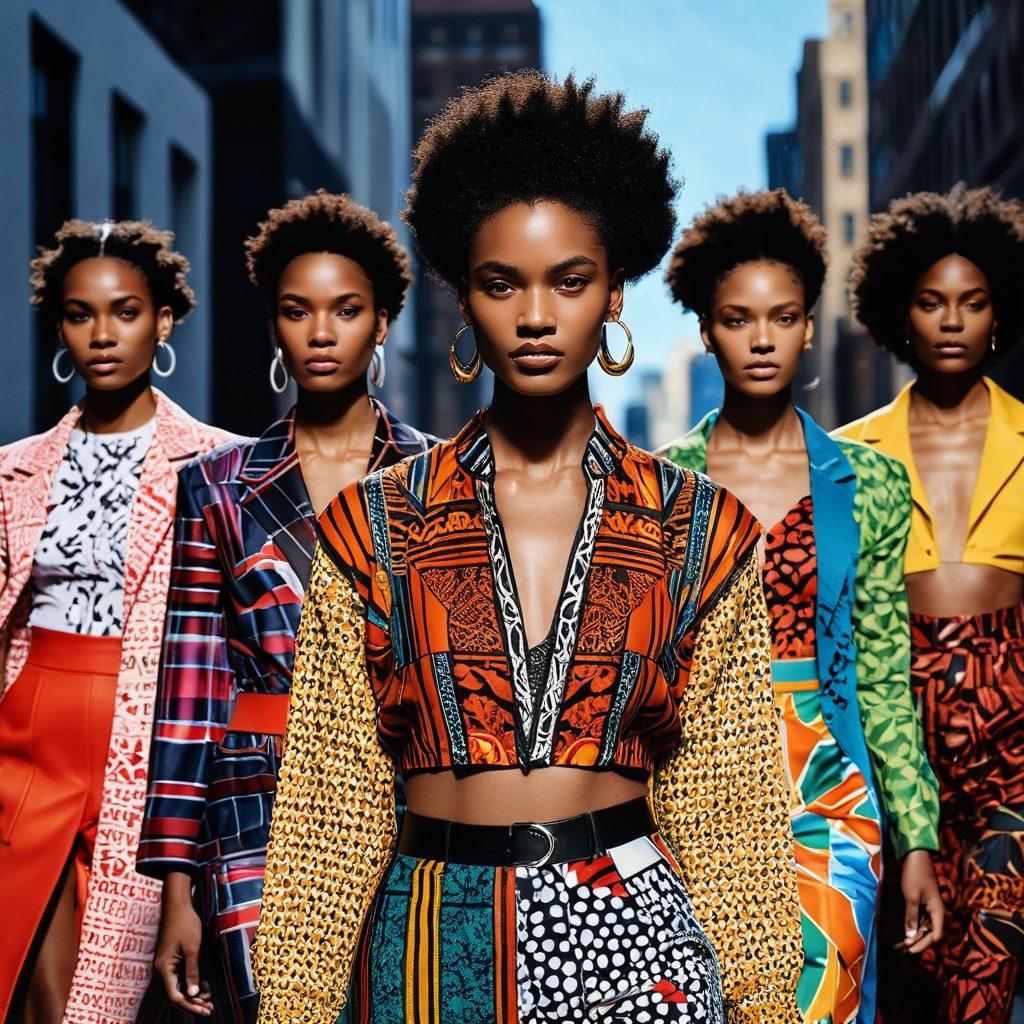 A vibrant collage of diverse fashion styles, showcasing bold patterns, unique textures, and innovative accessories from the latest third wave fashion trends. Include a runway scene with models of different ethnicities, highlighting sustainable fabrics and futuristic designs. Capture the energy of a fashion-forward urban environment in the background. super-realistic. vibrant colors. dynamic composition.